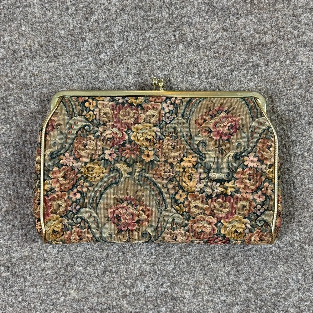 VTG Floral Tapestry Fabric Kiss Lock Clutch Hand Bag Purse Hide-able Chain Strap_2